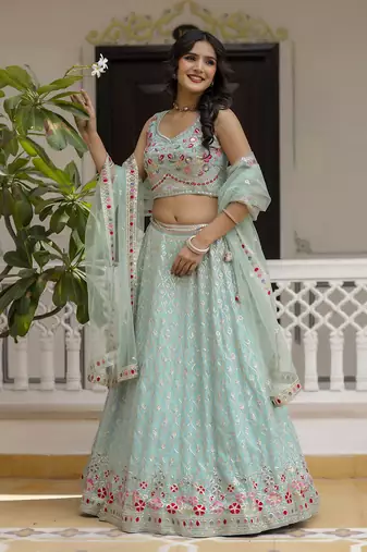 Trendmalls Mint Green Georgette Sequins Work Lehenga