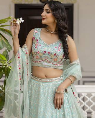 Trendmalls Mint Green Georgette Sequins Work Lehenga 6