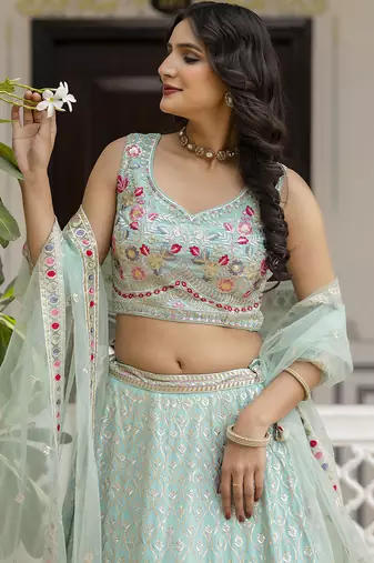 Trendmalls Mint Green Georgette Sequins Work Lehenga