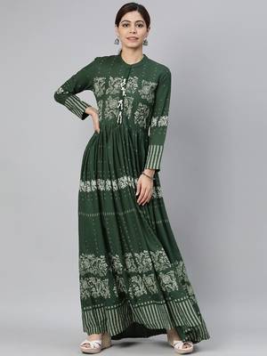 women green cotton ethnic motifs printed anarkali kurta 1