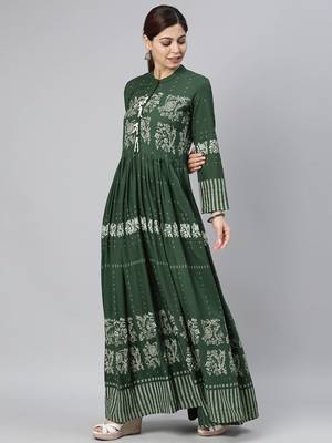 women green cotton ethnic motifs printed anarkali kurta 3