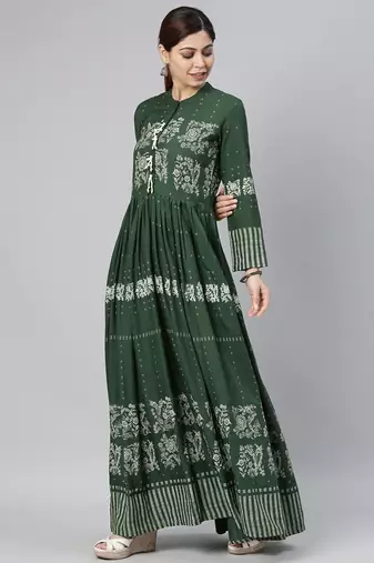 women green cotton ethnic motifs printed anarkali kurta