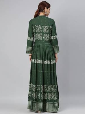 women green cotton ethnic motifs printed anarkali kurta 4