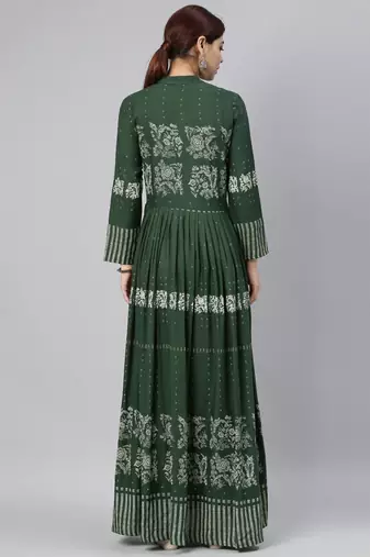 women green cotton ethnic motifs printed anarkali kurta
