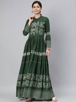 women green cotton ethnic motifs printed anarkali kurta 5