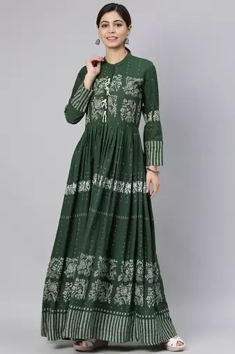 women green cotton ethnic motifs printed anarkali kurta