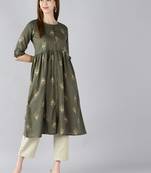 women green cotton ethnic motifs printed a-line kurta