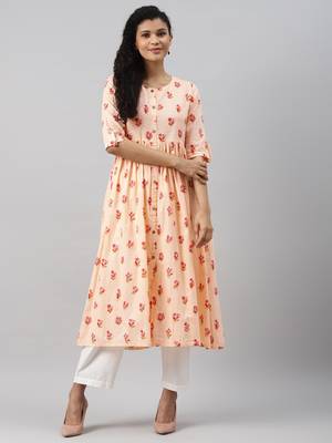 women peach cotton floral printed a-line kurta 1