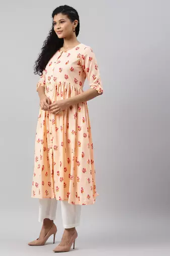 women peach cotton floral printed a-line kurta