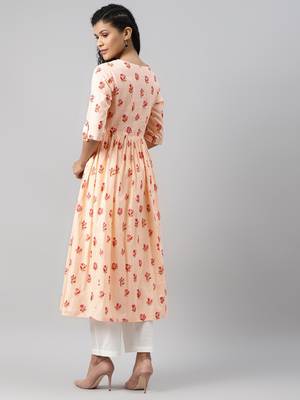 women peach cotton floral printed a-line kurta 4