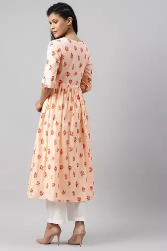 women peach cotton floral printed a-line kurta