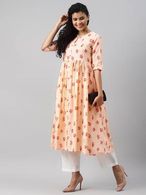 women peach cotton floral printed a-line kurta 5