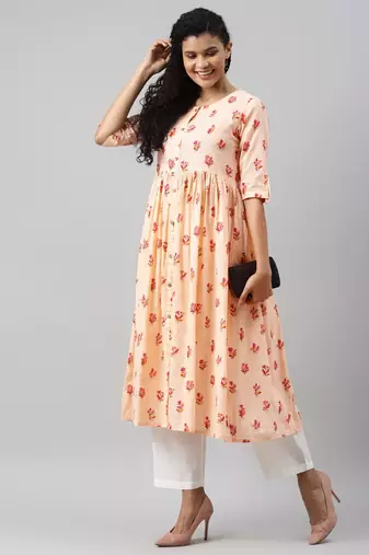 women peach cotton floral printed a-line kurta
