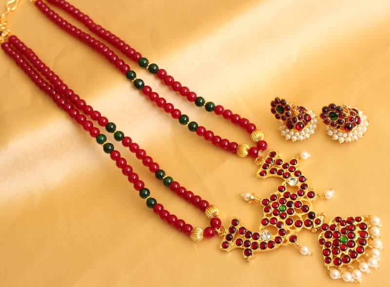 Beautiful Temple Jewel Ruby 2 Strand Necklace Set