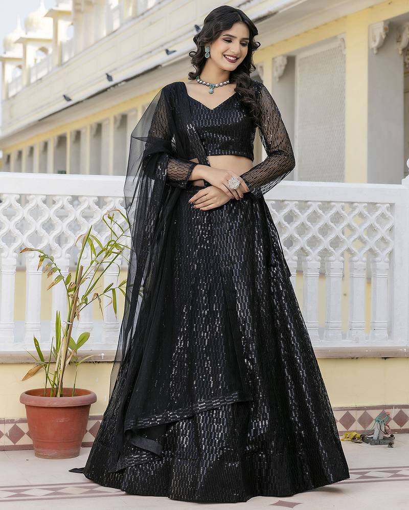 Georgette Sequins Work Embroidery Semi-Stitched Lehenga Choli with Dupatta For Women