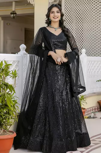 Trendmalls Georgette Sequins Work Embroidery Semi-Stitched Lehenga Choli with Dupatta For Women