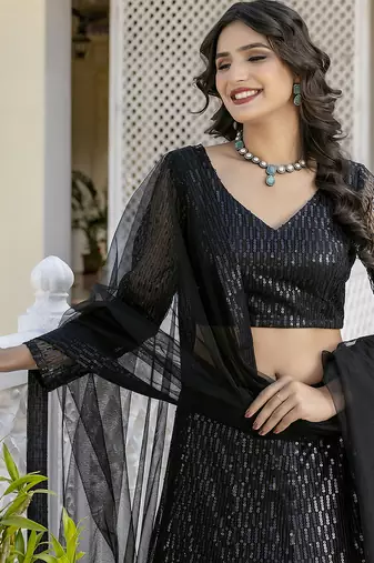Trendmalls Georgette Sequins Work Embroidery Semi-Stitched Lehenga Choli with Dupatta For Women