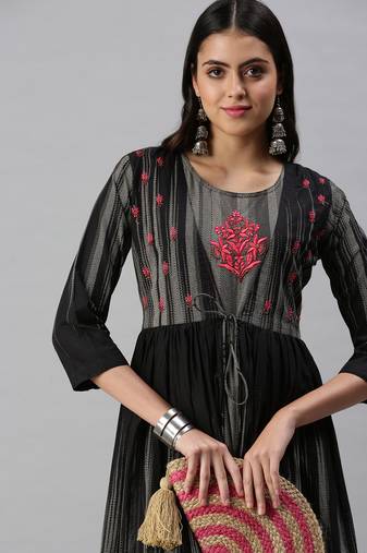 women's ankle length round neck grey floral anarkali kurta