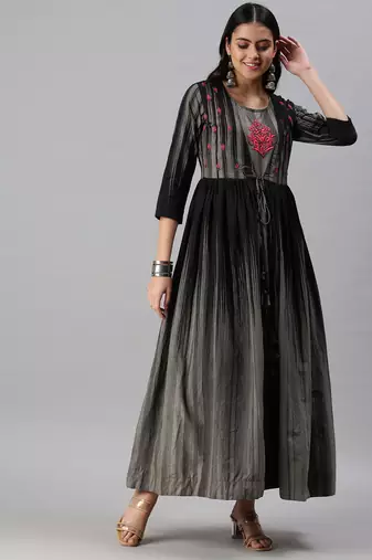 women's ankle length round neck grey floral anarkali kurta