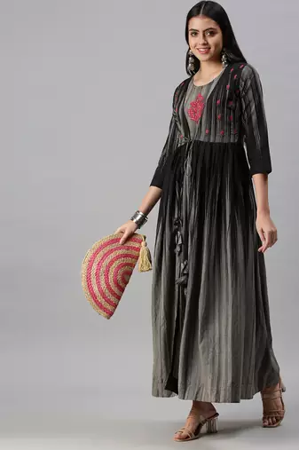 women's ankle length round neck grey floral anarkali kurta
