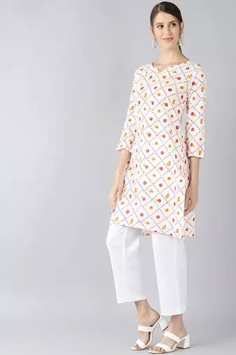 women white cotton geometric printed straight kurta