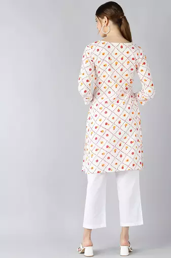 women white cotton geometric printed straight kurta