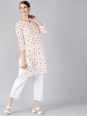 women white cotton geometric printed straight kurta 5