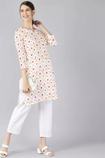 women white cotton geometric printed straight kurta