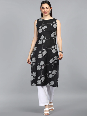 women black cotton floral printed straight kurta 1