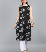 women black cotton floral printed straight kurta