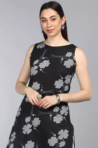 women black cotton floral printed straight kurta