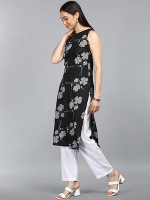 women black cotton floral printed straight kurta 3
