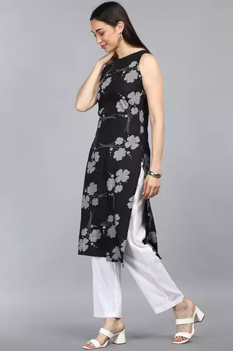 women black cotton floral printed straight kurta