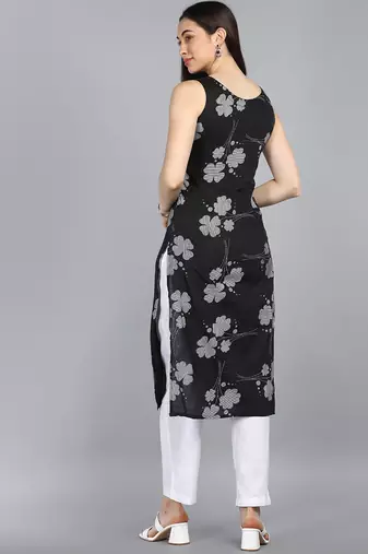 women black cotton floral printed straight kurta