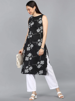 women black cotton floral printed straight kurta 5
