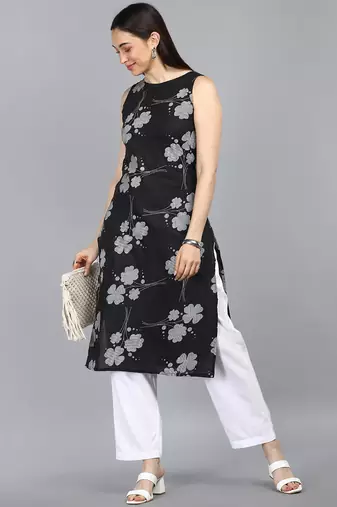 women black cotton floral printed straight kurta