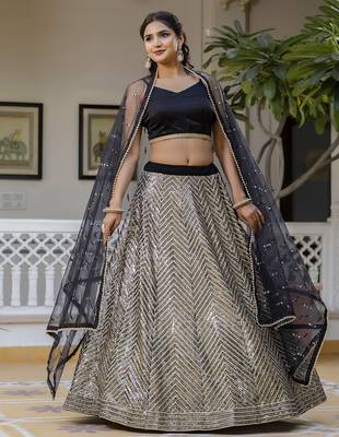 Trendmalls Georgette Sequins Work Embroidery Semi-Stitched Lehenga Choli with Dupatta For Women 1