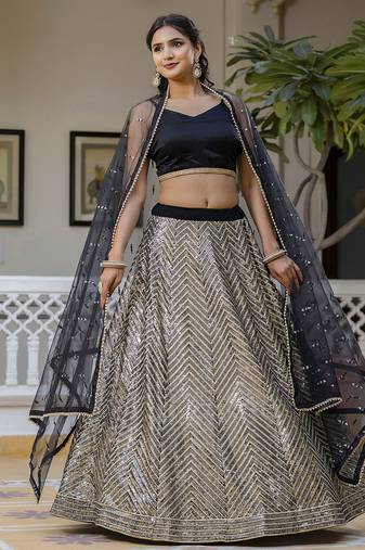 Georgette Sequins Work Embroidery Semi-Stitched Lehenga Choli with Dupatta For Women
