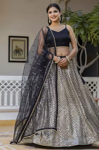 Trendmalls Georgette Sequins Work Embroidery Semi-Stitched Lehenga Choli with Dupatta For Women
