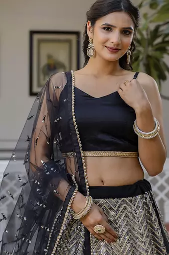 Trendmalls Georgette Sequins Work Embroidery Semi-Stitched Lehenga Choli with Dupatta For Women