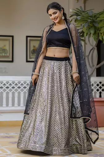 Trendmalls Georgette Sequins Work Embroidery Semi-Stitched Lehenga Choli with Dupatta For Women