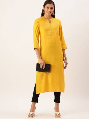 women's calf length mandarin collar mustard solid straight kurta 2