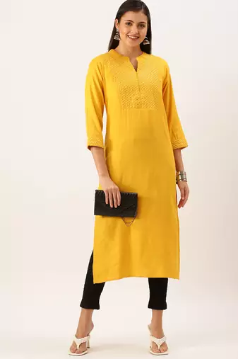 women's calf length mandarin collar mustard solid straight kurta