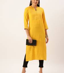 women's calf length mandarin collar mustard solid straight kurta