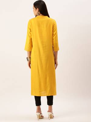 women's calf length mandarin collar mustard solid straight kurta 3