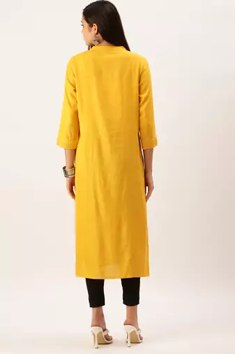 women's calf length mandarin collar mustard solid straight kurta