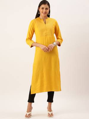 women's calf length mandarin collar mustard solid straight kurta 1