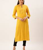 women's calf length mandarin collar mustard solid straight kurta