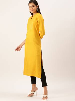 women's calf length mandarin collar mustard solid straight kurta 4