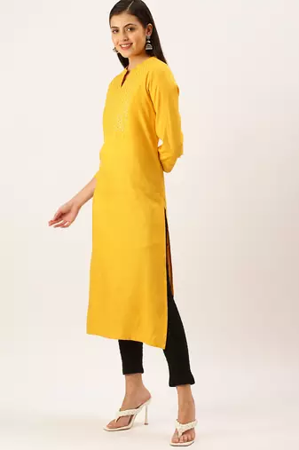 women's calf length mandarin collar mustard solid straight kurta